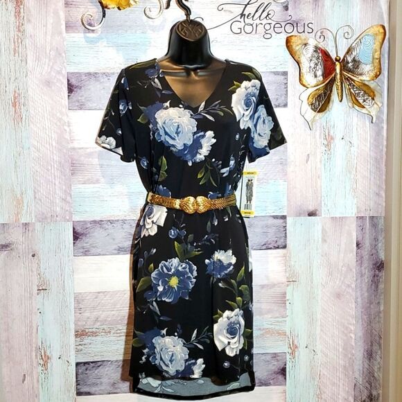 Christian Siriano Black Floral Easy Care Sheath Dress Sz M New - Picture 1 of 11